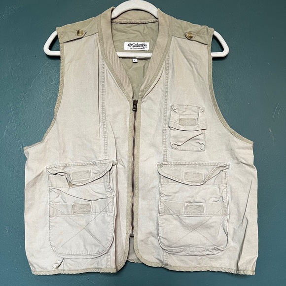 90s-00'S Vintage Columbia Fishing Vest, Men's Size L Nylon Khaki type sage green Vintage Second Hand